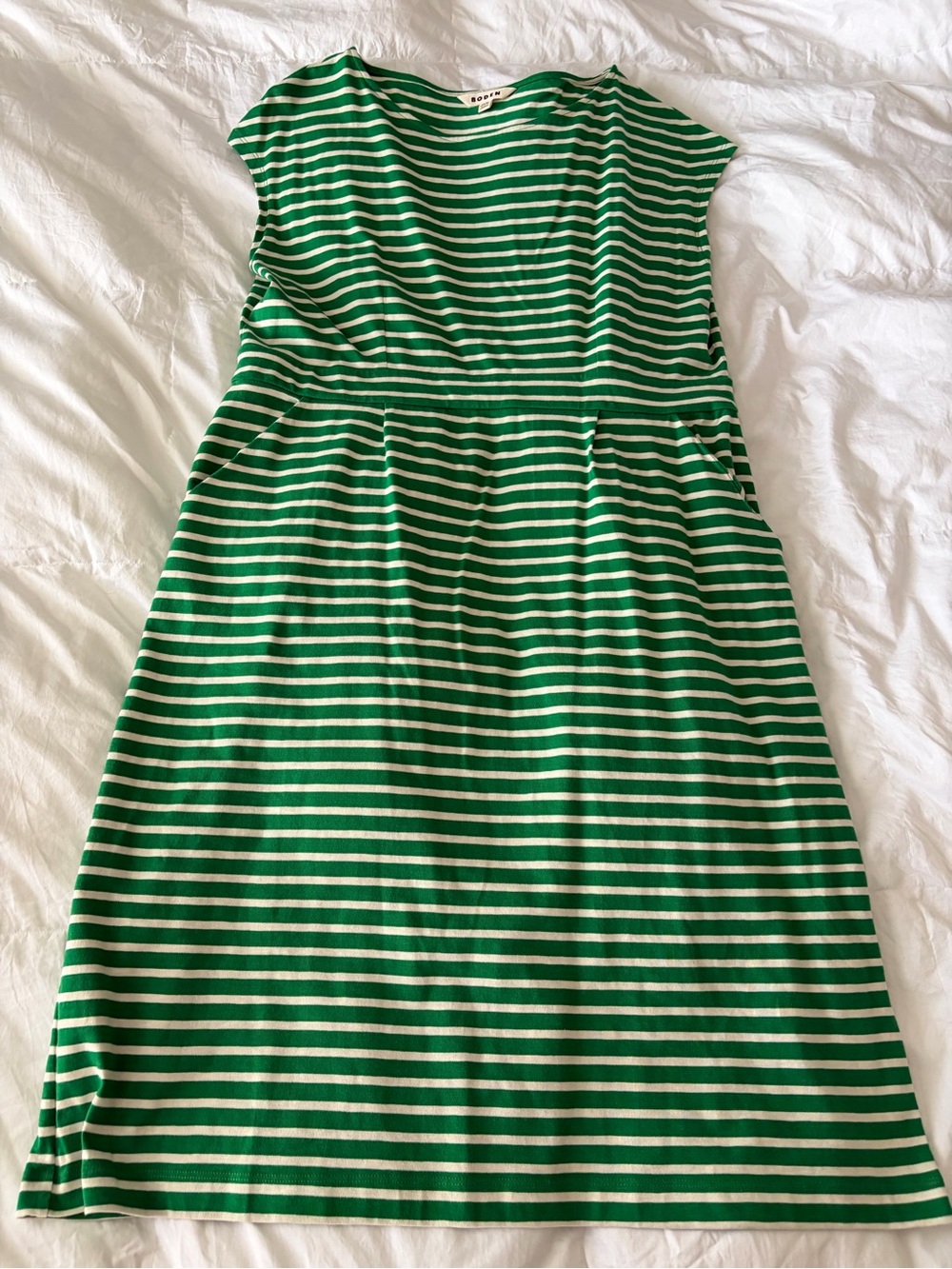 Boden Green and White Striped Midi Dress with Cap Sleeves